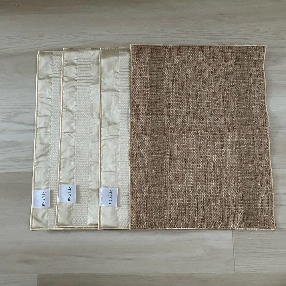 Feuile Elegant Cream Reverse Brown Texture Placemats Set linen Blend